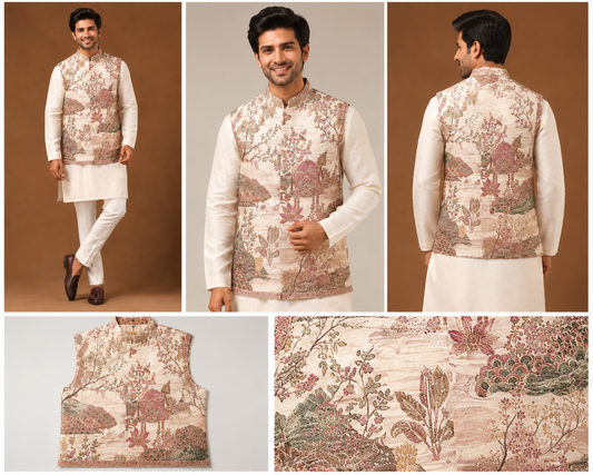 Ivory Heritage Printed Nehru Jacket Kurta Set