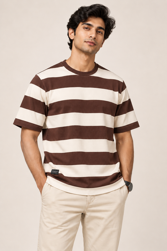 Men's Brown & Cream Horizontal Striped Round Neck T-Shirt