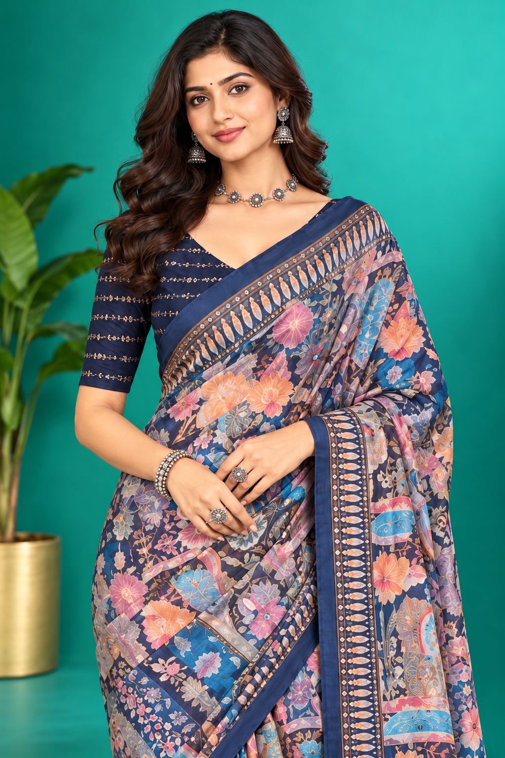 Elegant Navy Floral Printed Saree