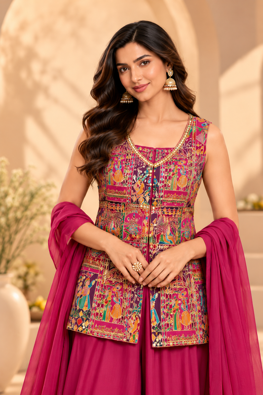 Women's Magenta Embroidered Ethnic Jacket Palazzo Set with Dupatta
