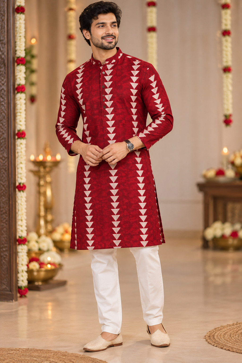 Deep Red Geometric Print Festive Kurta