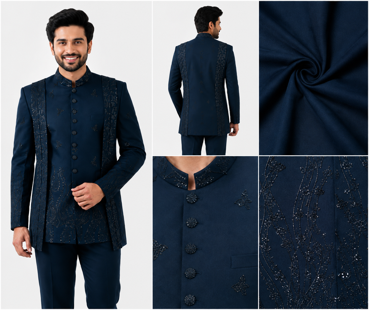 Navy Blue Embroidered Indo-Western Jodhpuri Suit