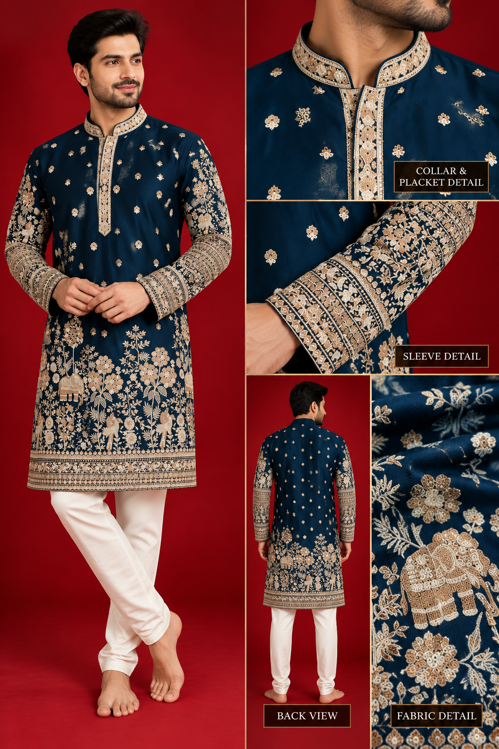 Navy Blue Gold Embroidered Festive Kurta Set
