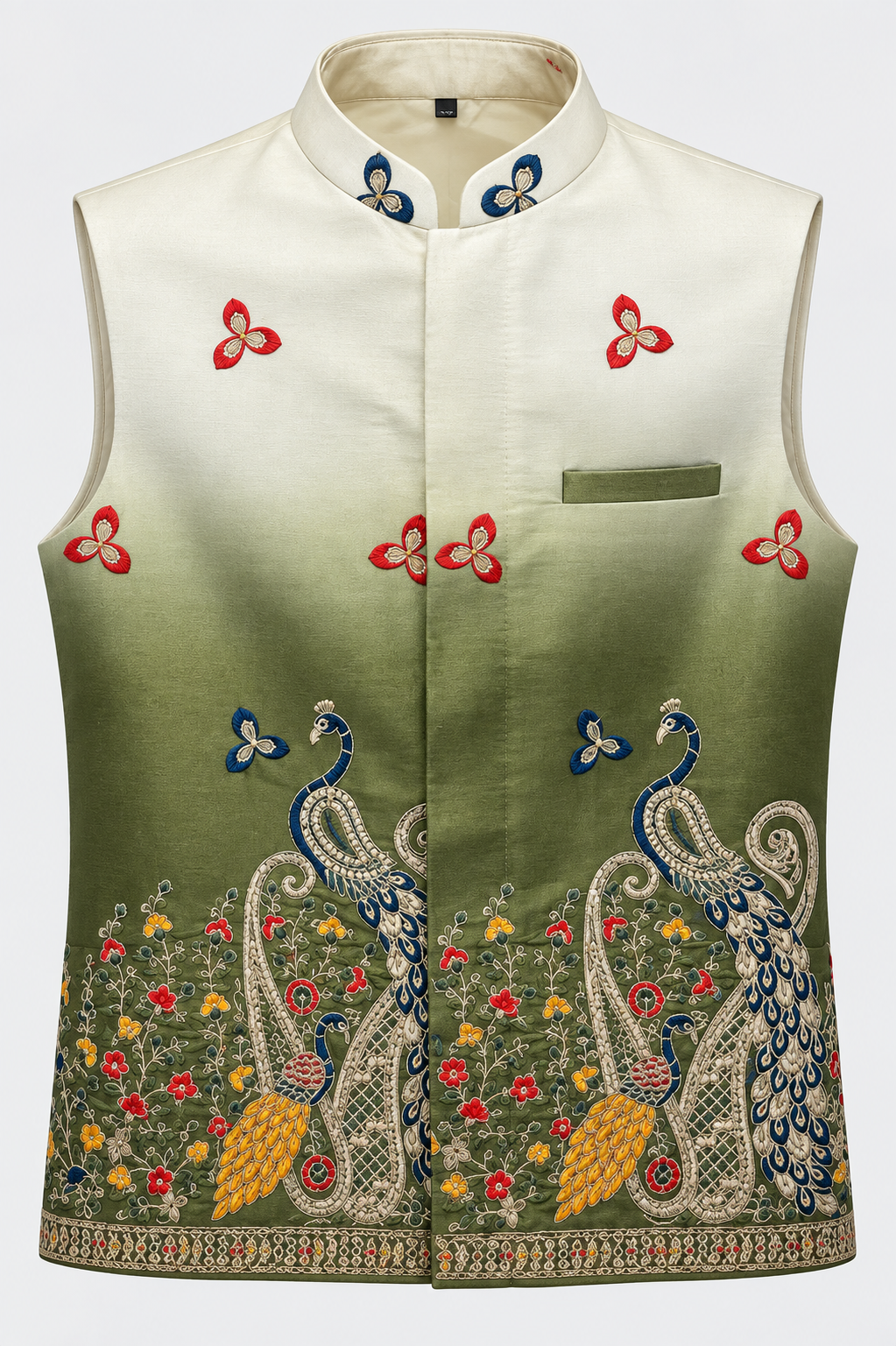 Ivory & Olive Peacock Embroidered Modi Jacket