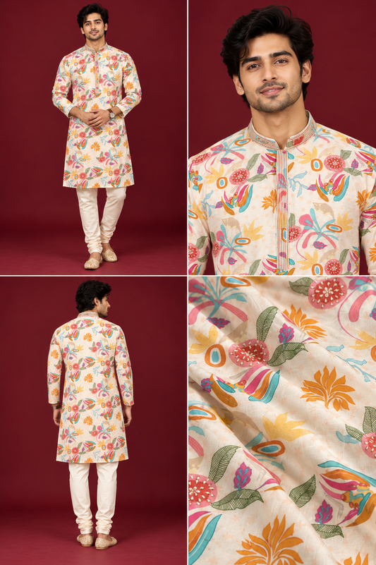 Multicolor Floral Print Cream Kurta Set
