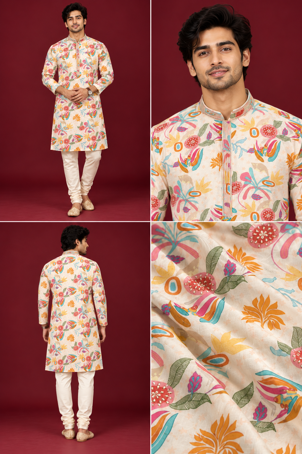 Multicolor Floral Print Cream Kurta Set