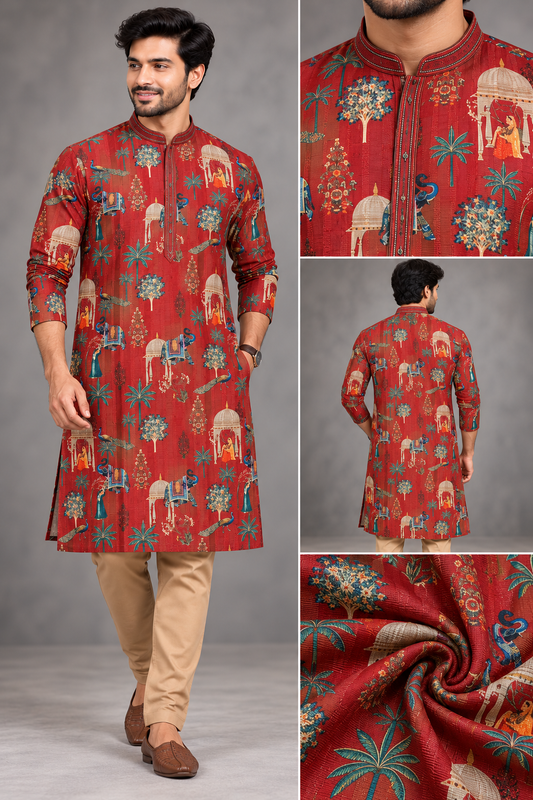 Men's Maroon Royal Heritage Printed Kurta Set