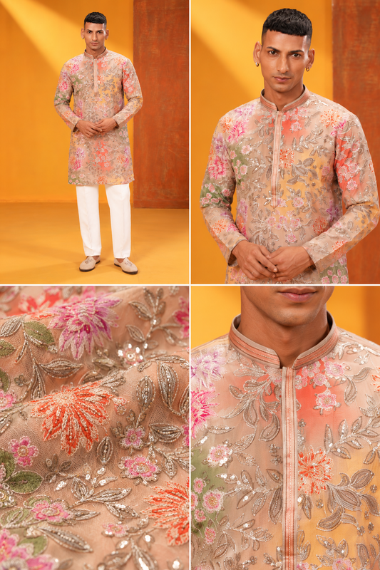Peach Floral Embroidered Festive Kurta Set