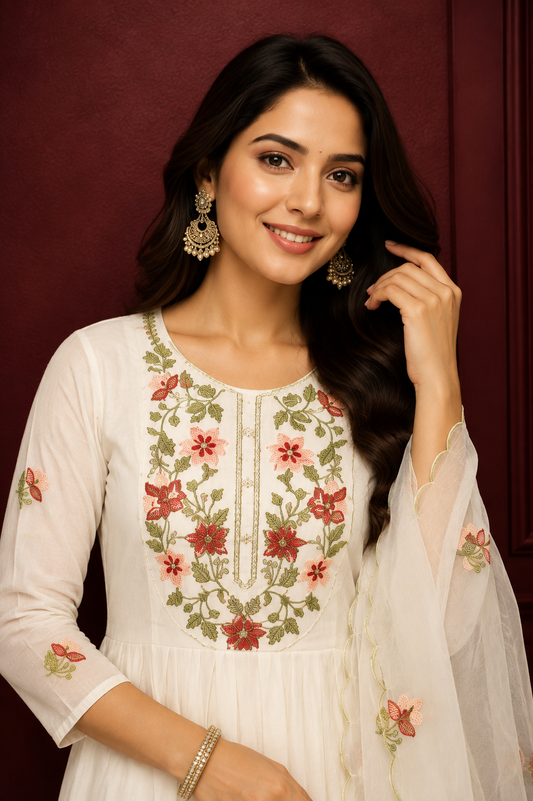 Elegant Ivory Floral Embroidered Kurta, Pant & Dupatta Set