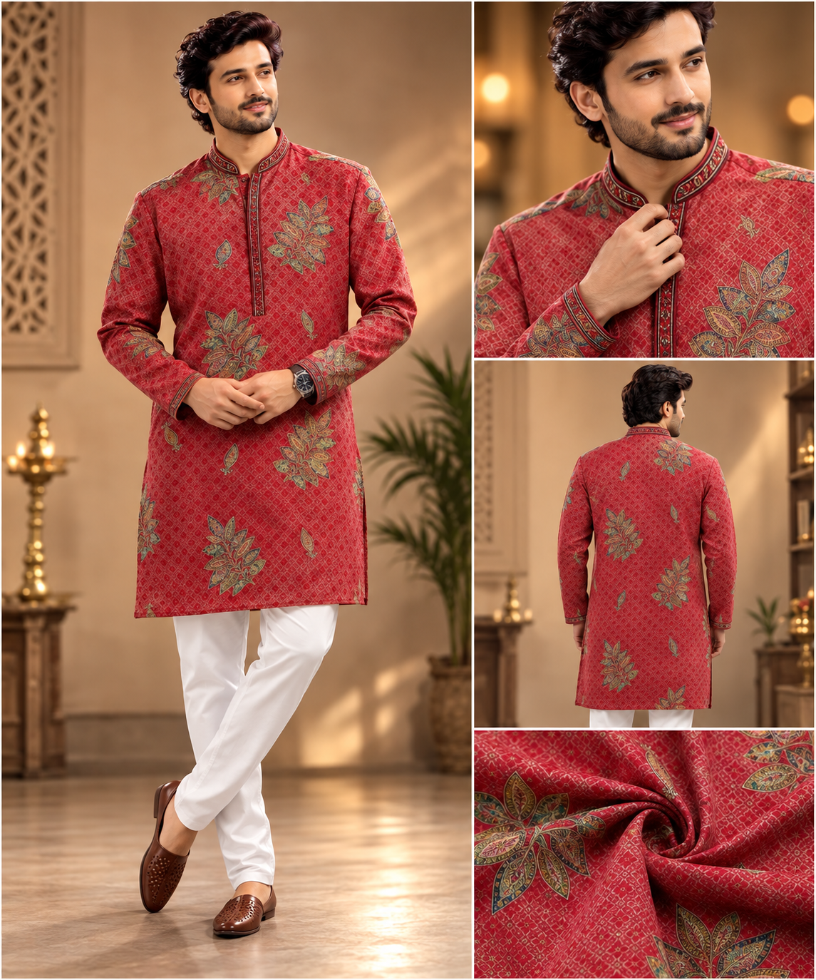 Red Floral Printed Men’s Festive Kurta