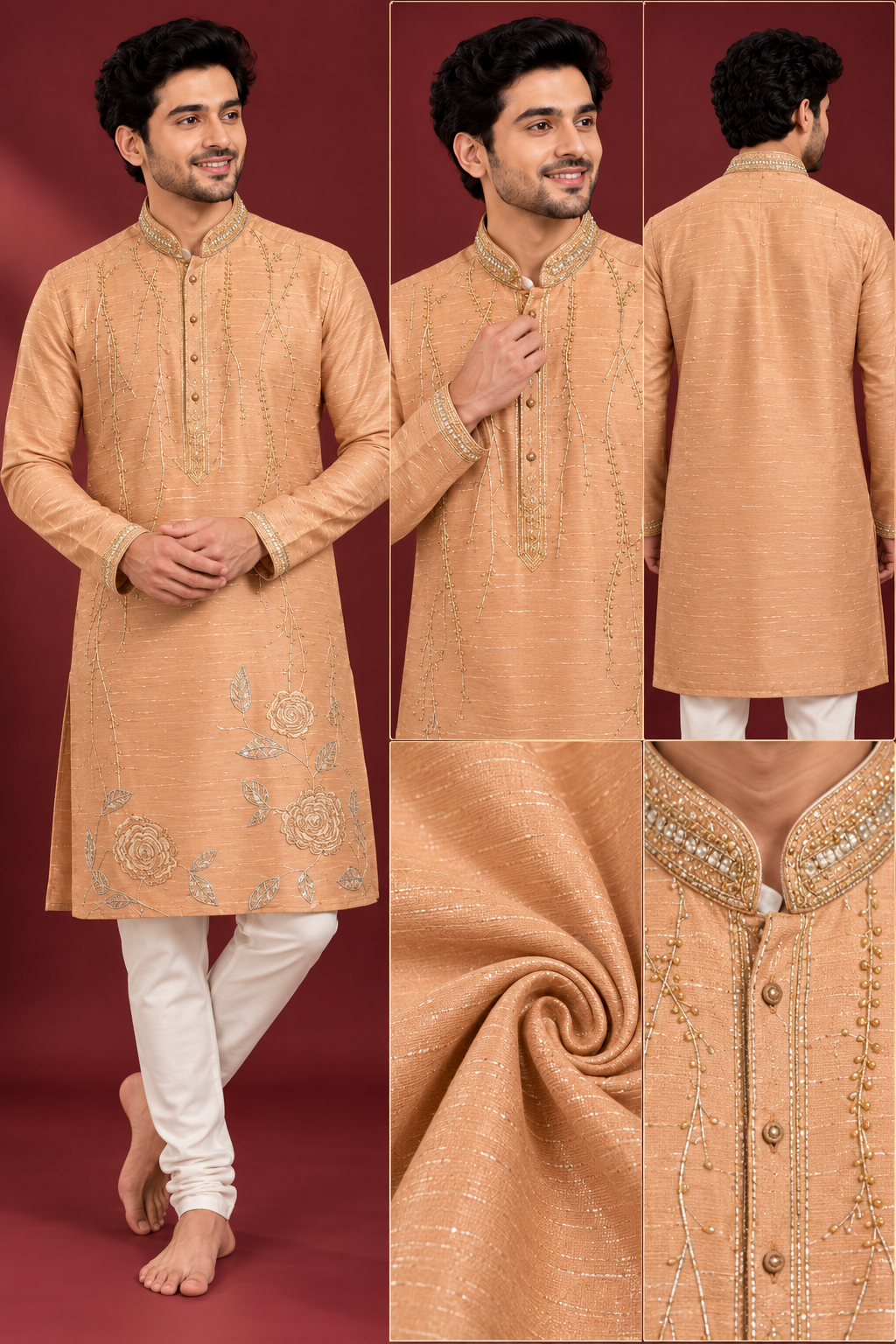 Peach Gold Embroidered Festive Kurta Set