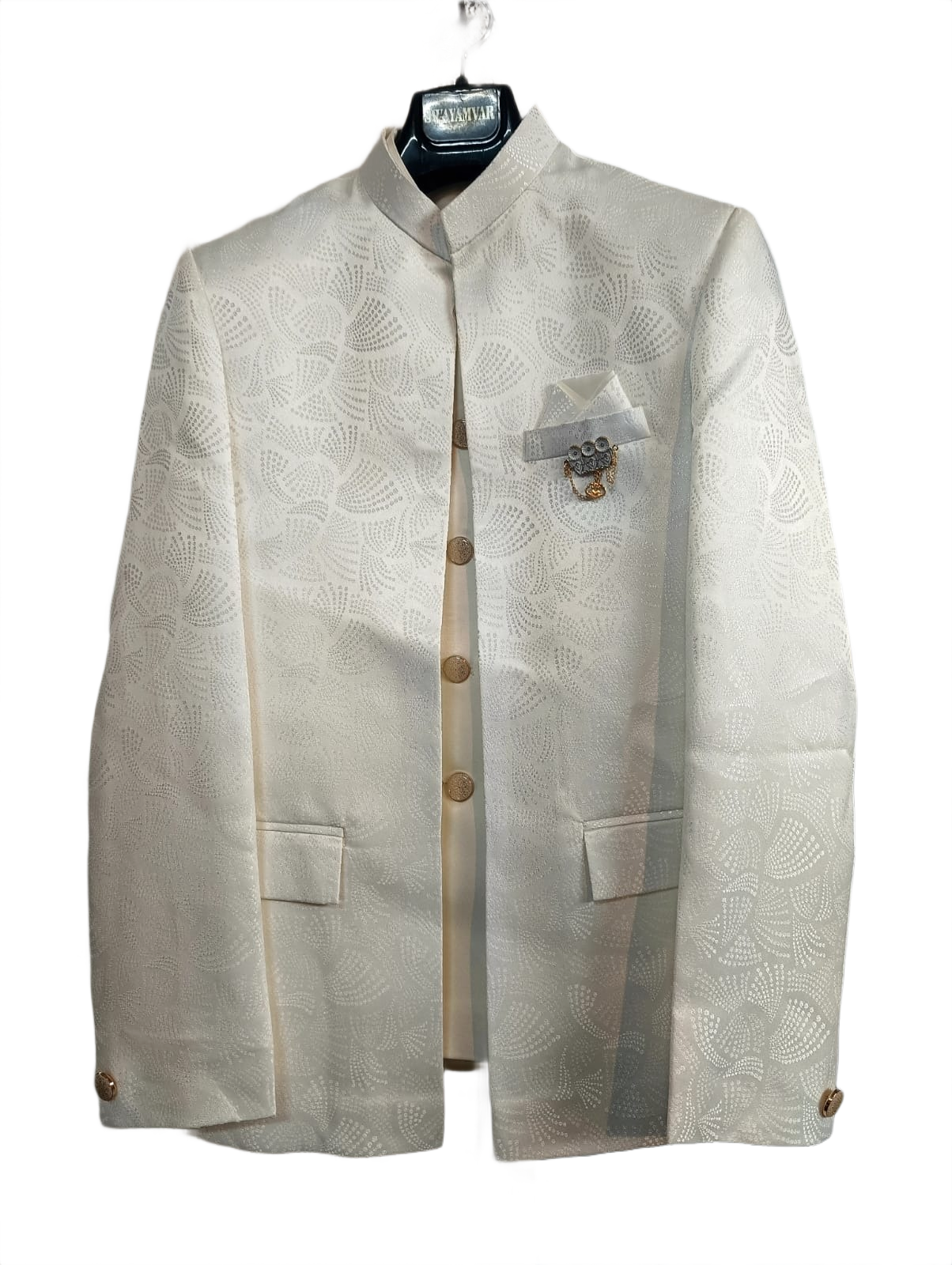 Men's Off-White Jacquard Jodhpuri Suit with Nehru Jacket
