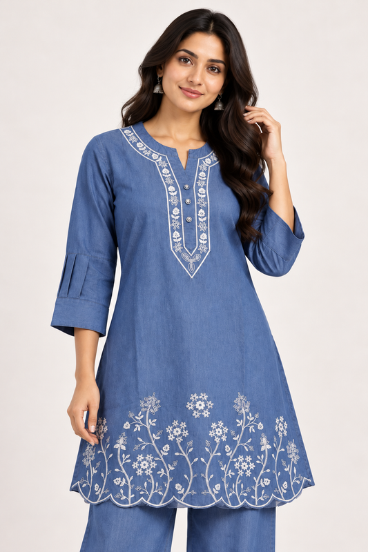 Women's Denim Blue Floral Embroidered Kurta & Palazzo Set