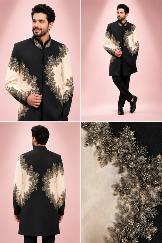 : Men’s Black & Ivory Embroidered Indo-Western Sherwani