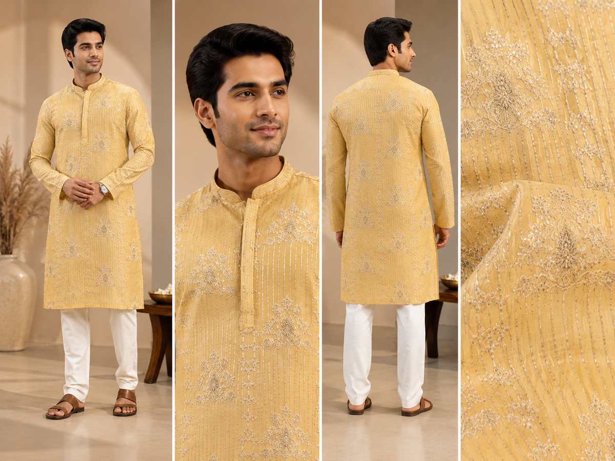 Golden Yellow Embroidered Festive Kurta for Men