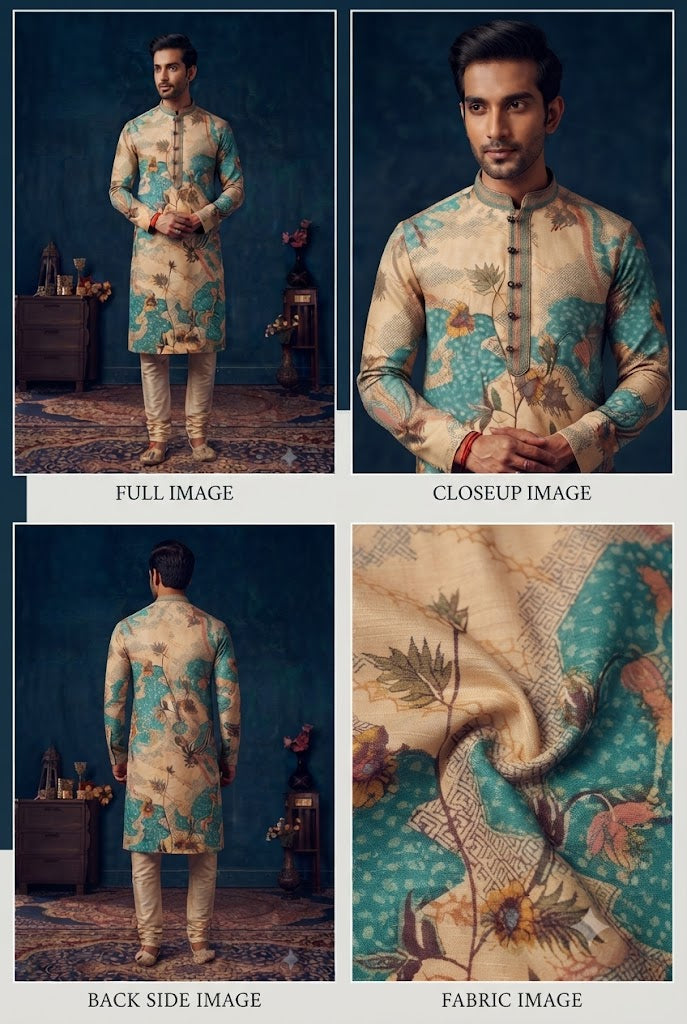 Beige & Teal Artistic Printed Festive Kurta