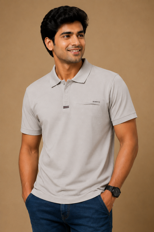 Men's Light Grey Textured Polo T-Shirt