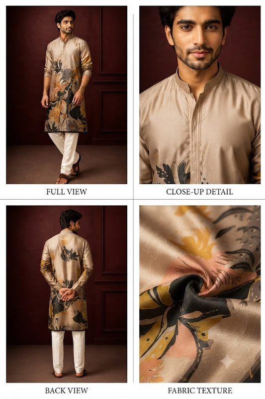 Beige Abstract Floral Printed Festive Kurta