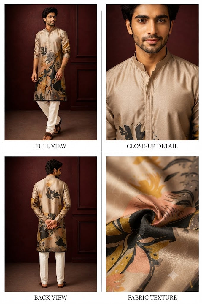 Beige Abstract Floral Printed Festive Kurta