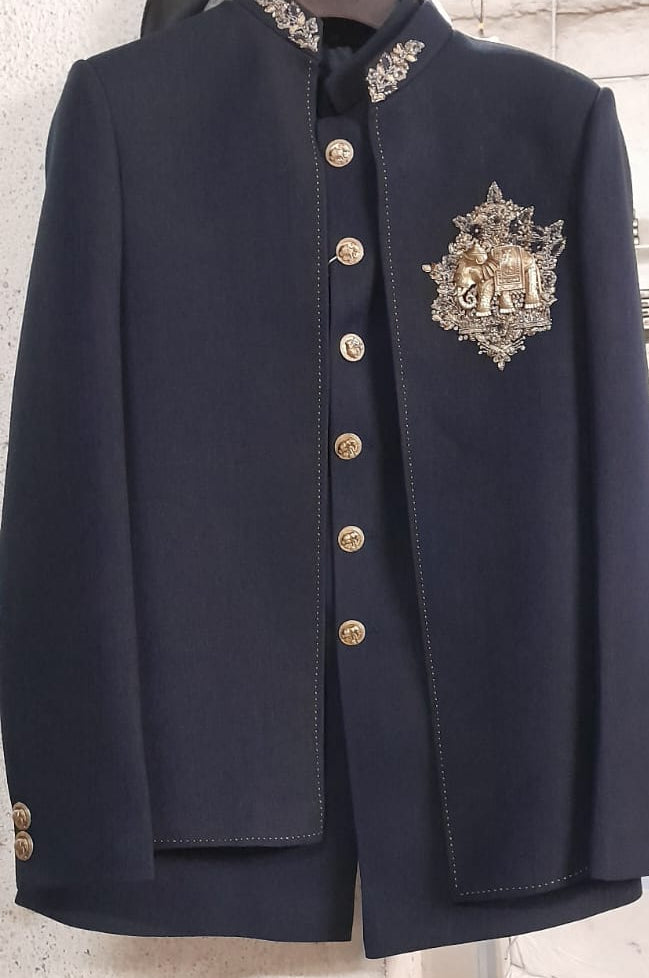 Men’s Premium Navy Blue Embroidered Indo-Western Bandhgala Suit Set