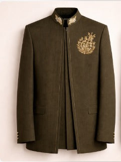 Men’s Premium Olive Green Embroidered Indo-Western Bandhgala Suit Set