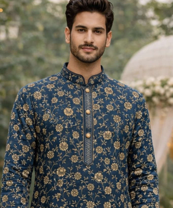 Men’s Navy Blue Floral Printed Ethnic Kurta Set