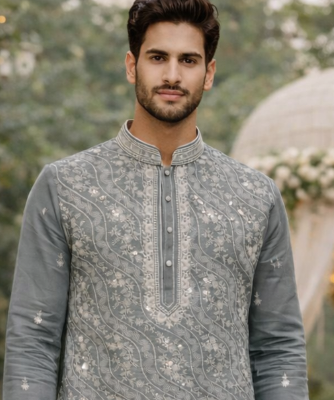 Men’s Grey Embroidered Kurta Set with Ethnic Polo Pant
