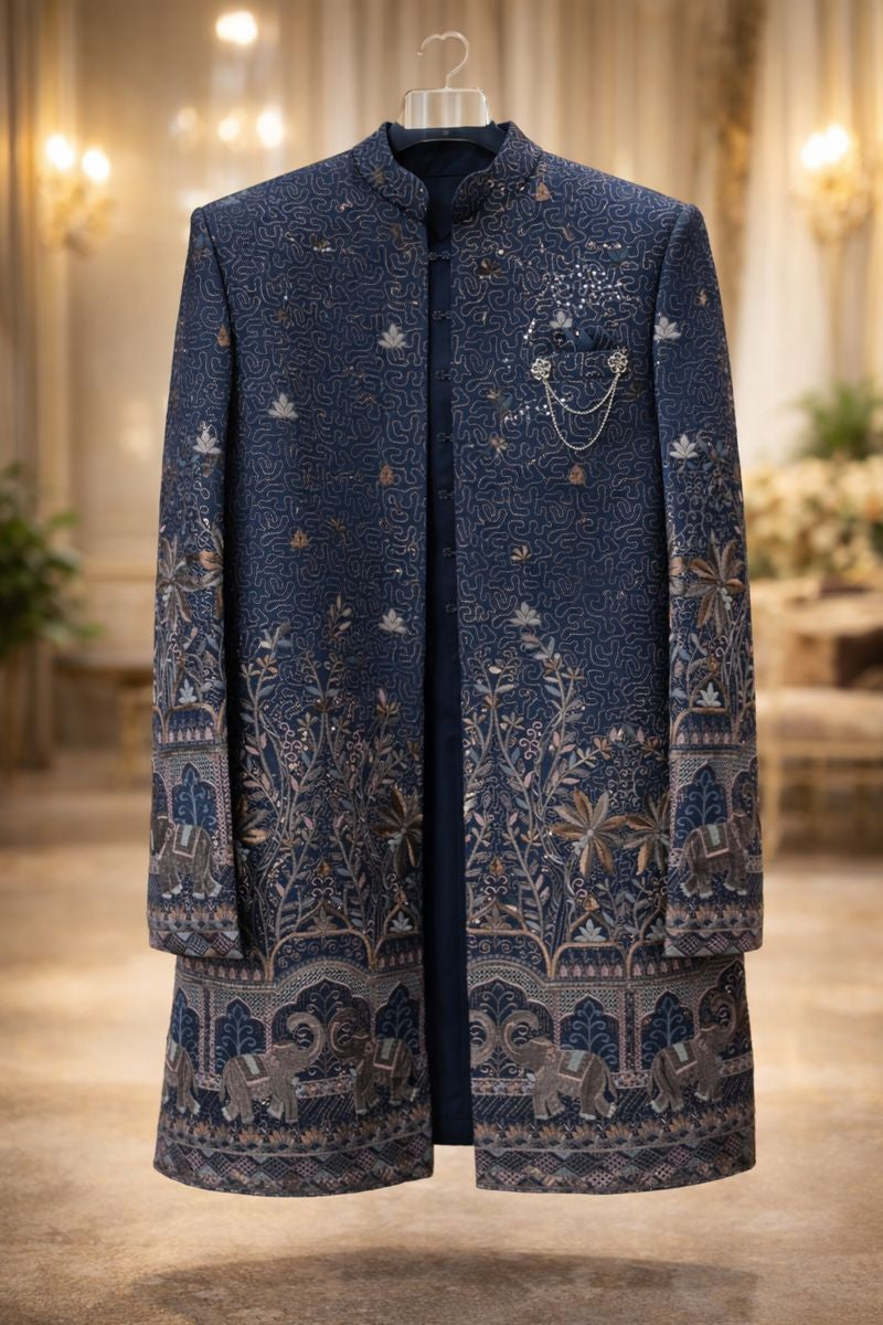 Men’s Midnight Blue Silk Blend Indo-Western Sherwani