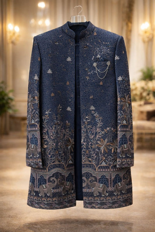 Men’s Midnight Blue Silk Blend Indo-Western Sherwani
