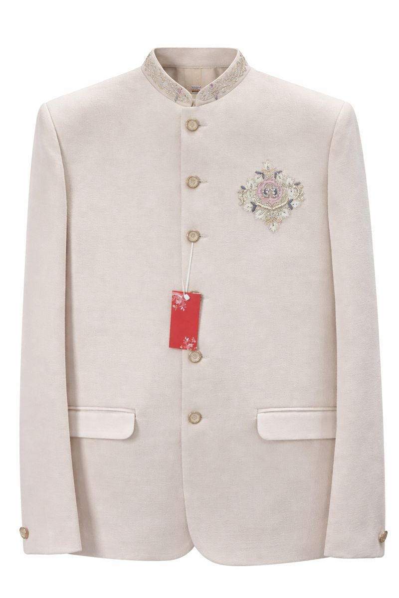 Men’s Ivory Jacquard Embroidered Indo-Western Jodhpuri suit