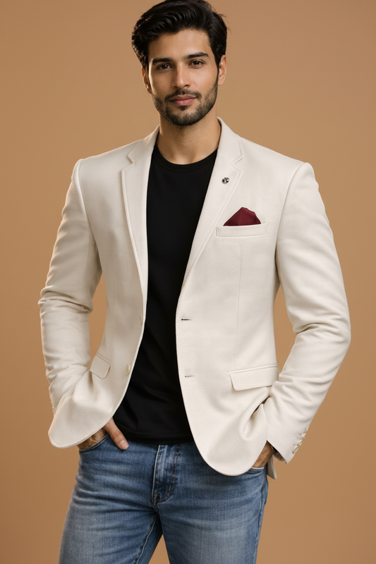 Party Wear Off-White Matty Fabric Blazer – Elegant Modern Fit