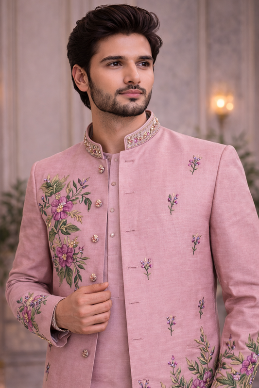 Blush Pink Floral Embroidered Ethnic Jacket Kurta Set