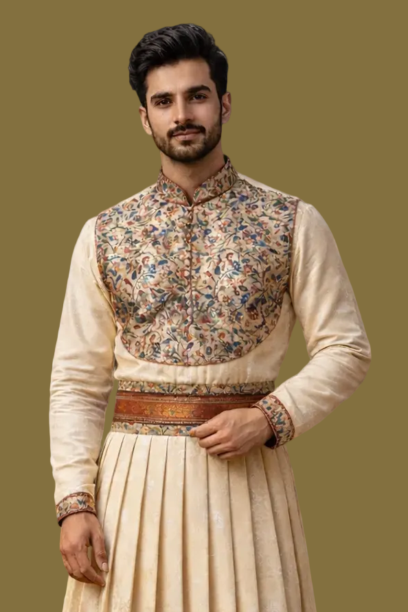 Cream Embroidered Angrakha Sherwani