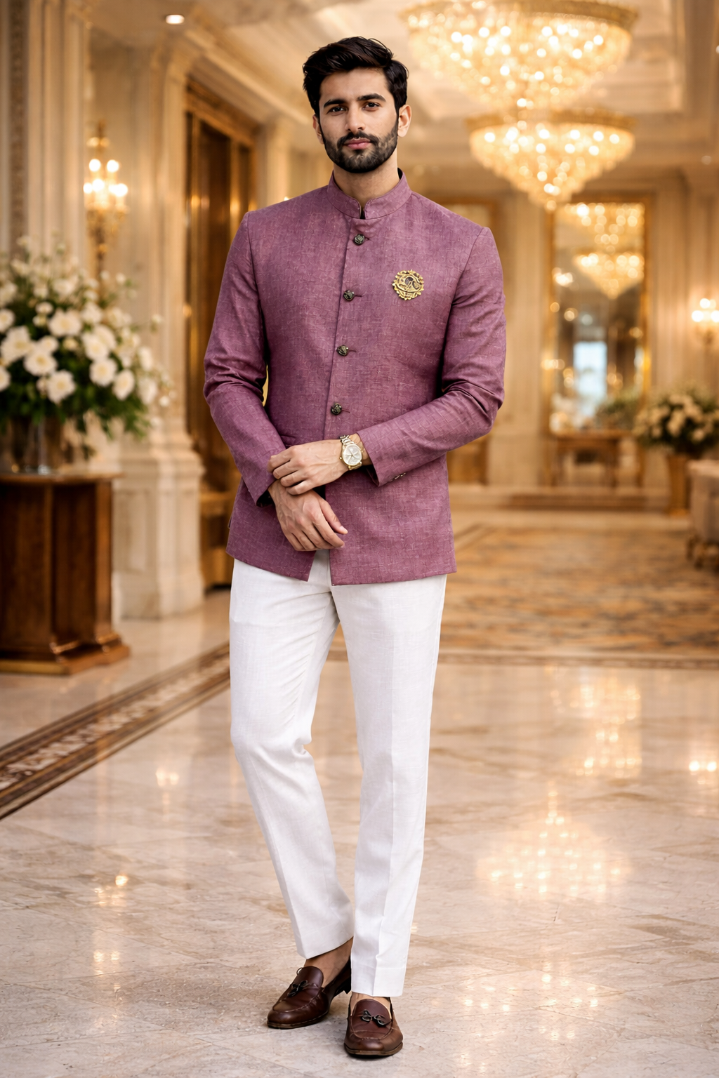 Men Mauve Plain Self Texture Shirt Jacket Set House of Celebrations by C'Lai Men Mauve Plain Self Texture Shirt Jacket Set House of Celebrations by C'Lai