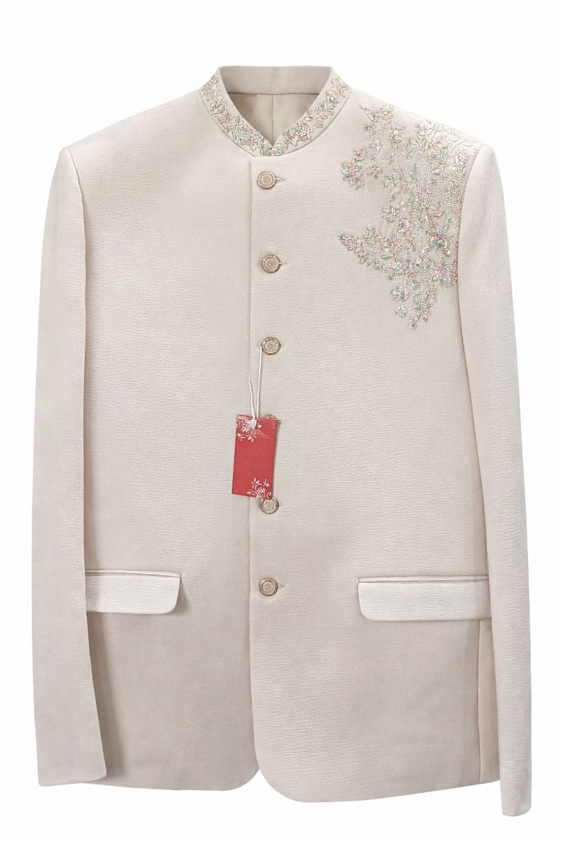 Men’s Ivory Jacquard Embroidered Indo-Western Jodhpuri suit