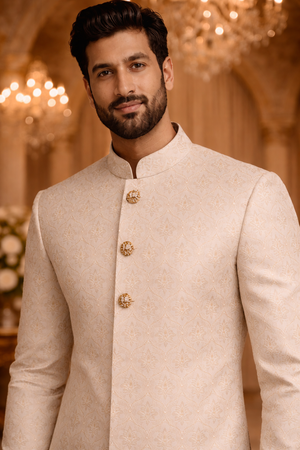 Men Off white & Gold Woven Pattern Kurta with Ethnic Semi Indo
