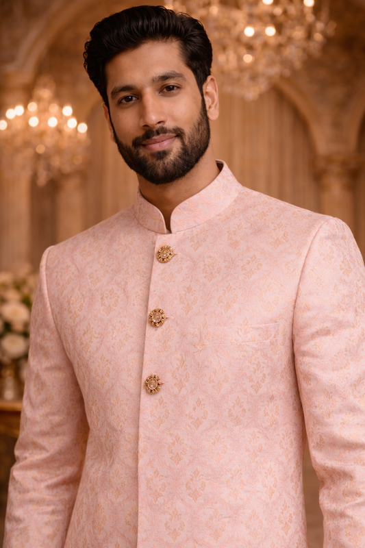 Men Baby Pink & Gold Woven Pattern Kurta with Ethnic Semi Indo