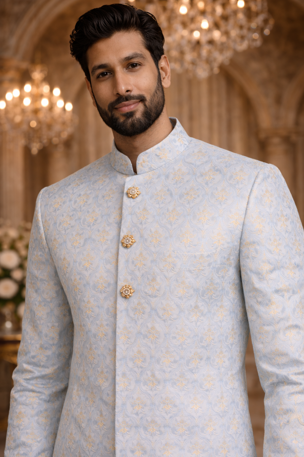 Men Sky Blue & Gold Woven Pattern Kurta with Ethnic Semo Indo