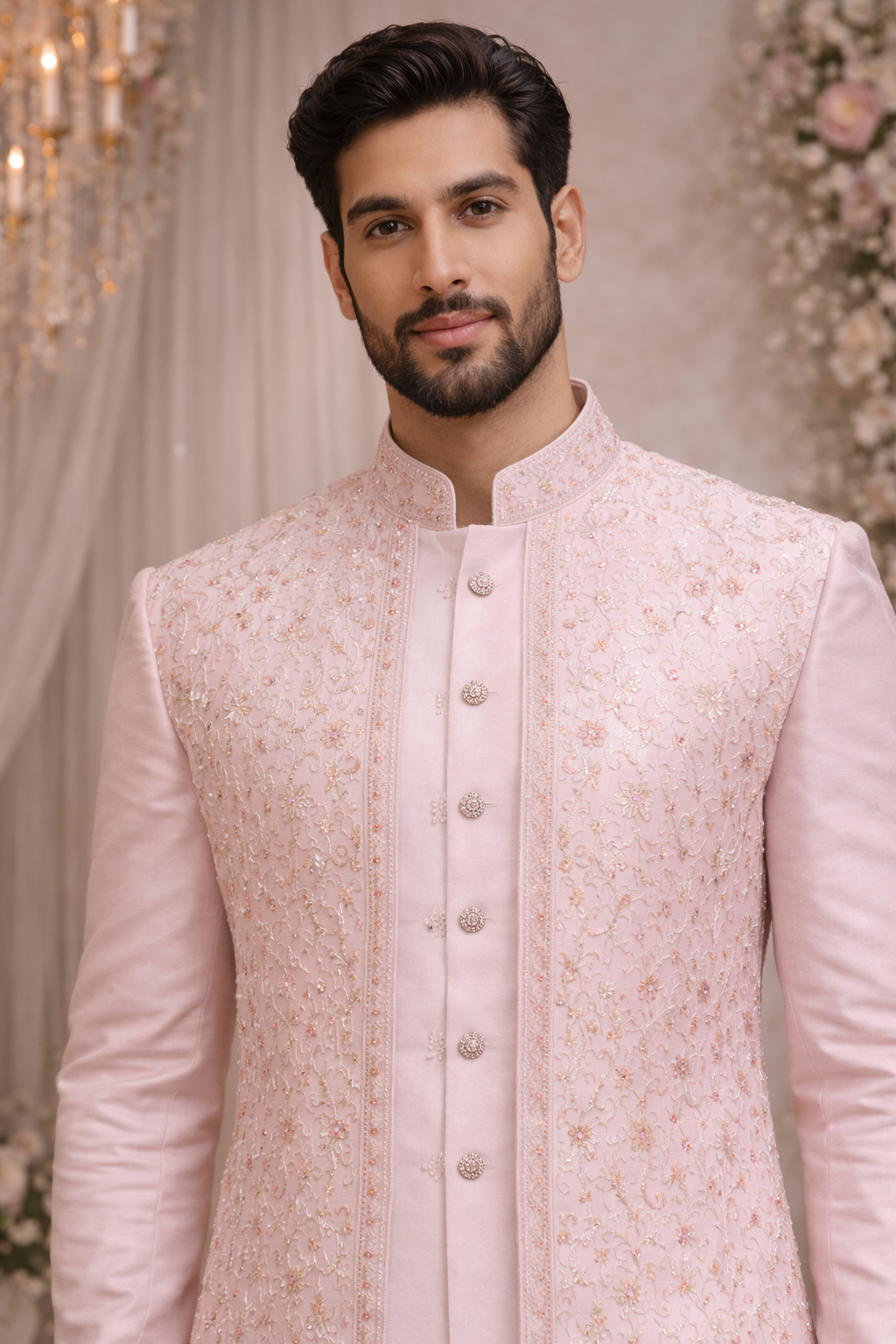 Men Baby Pink Embroidered Ethnic Kurta Jacket Set