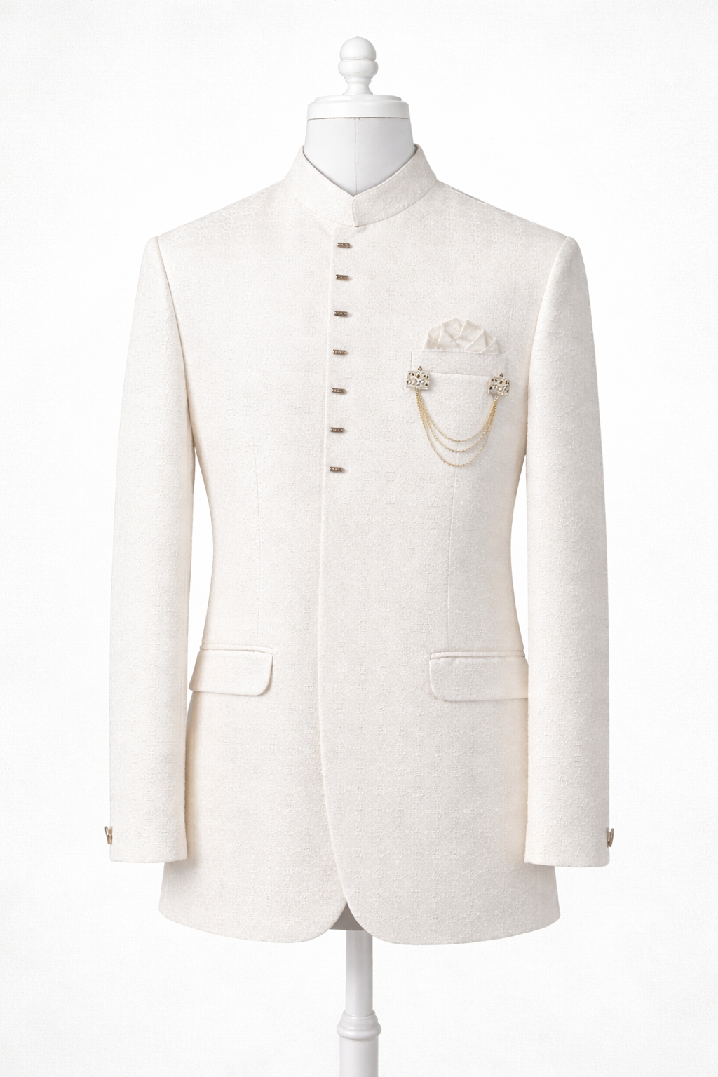 Men’s Ivory White Self-Textured Solid Indo-Western Sherwani