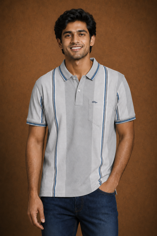 Men’s Light Grey Vertical Stripe Polo T-Shirt