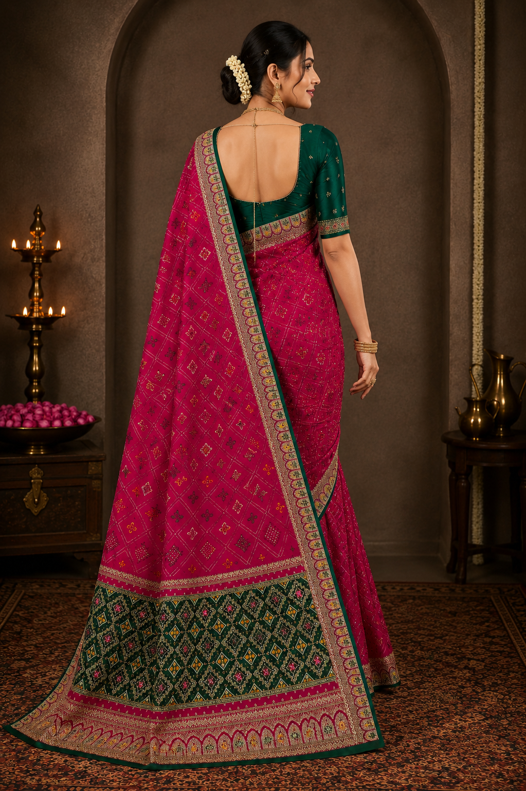 Emerald Green Designer Silk Saree with Pink Contrast Pallu & Zari Border