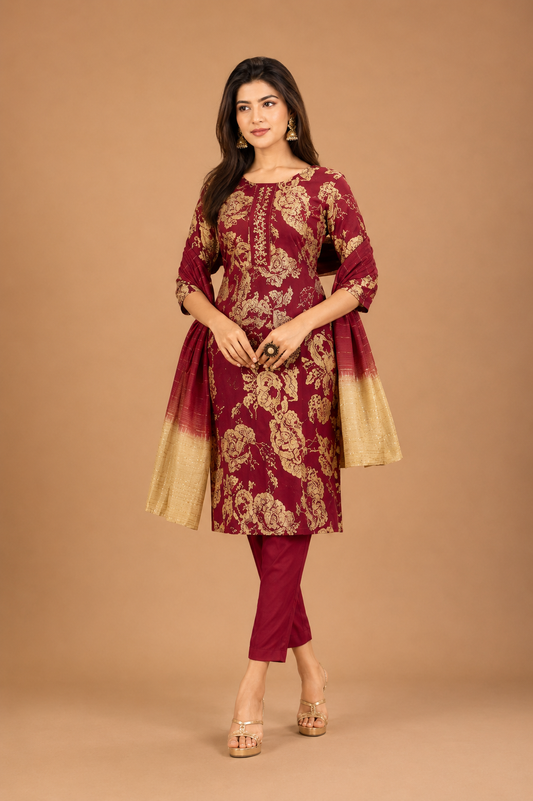 Women’s Black & Mustard Printed Kurta Dupatta Set