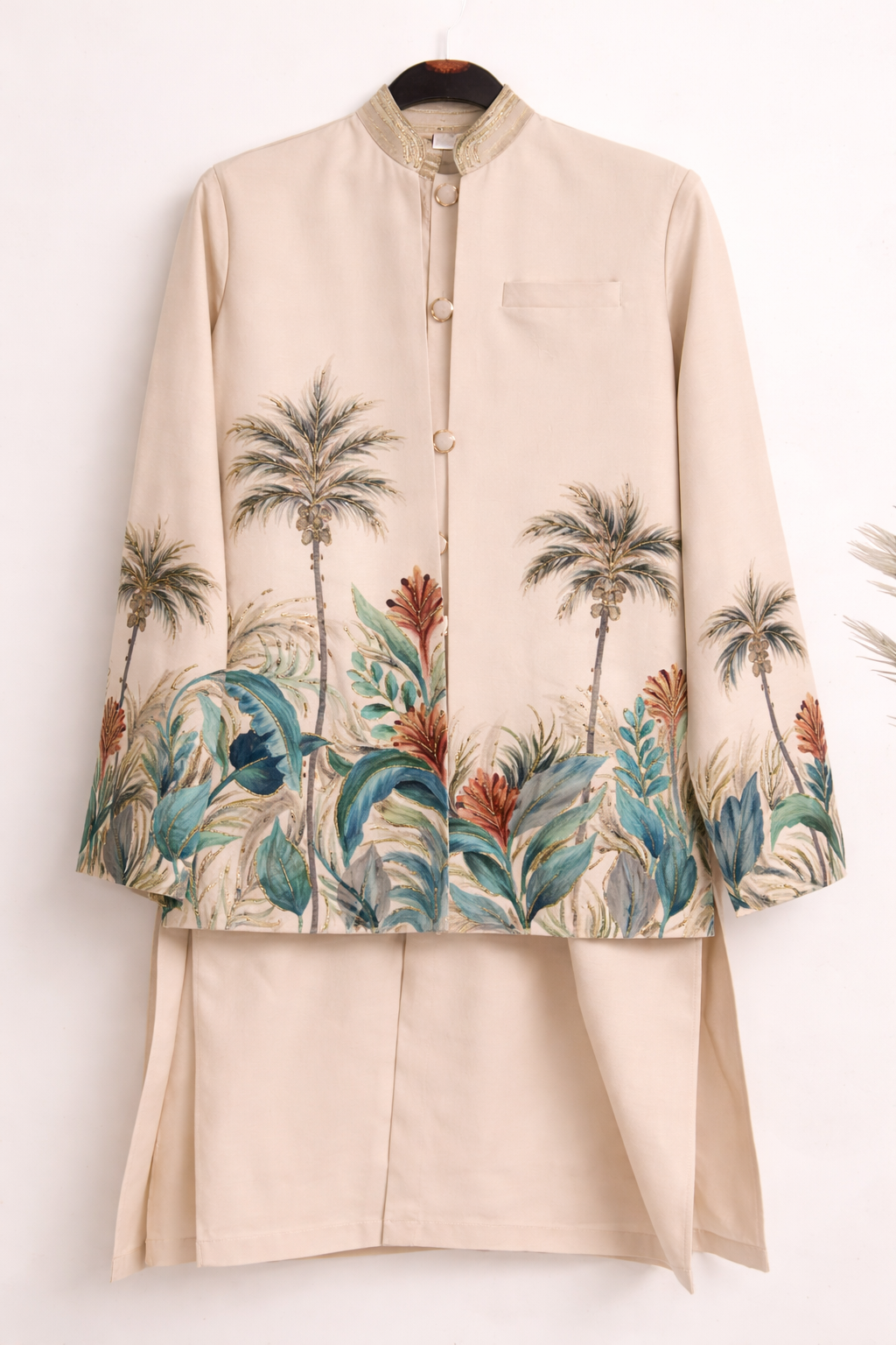 Beige Tropical Palm Print Ethnic Jacket Kurta Set