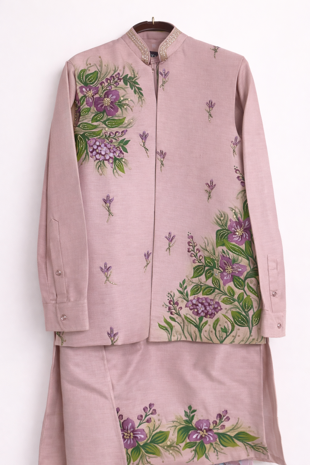 Blush Pink Floral Embroidered Ethnic Jacket Kurta Set