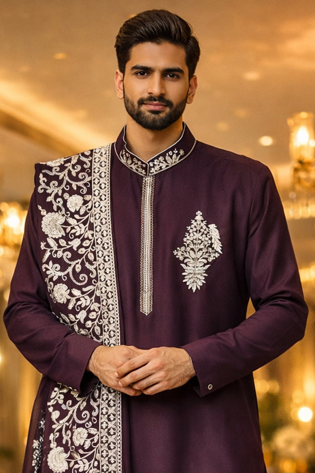 Men’s Wine Purple Embroidered Kurta Set with Dupatta