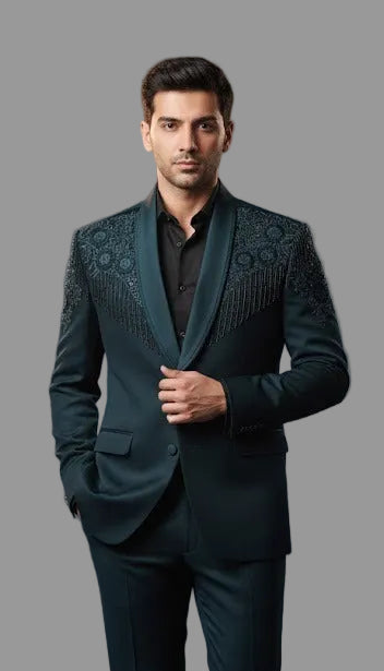 Premium Teal Embroidered Tuxedo Blazer for Men