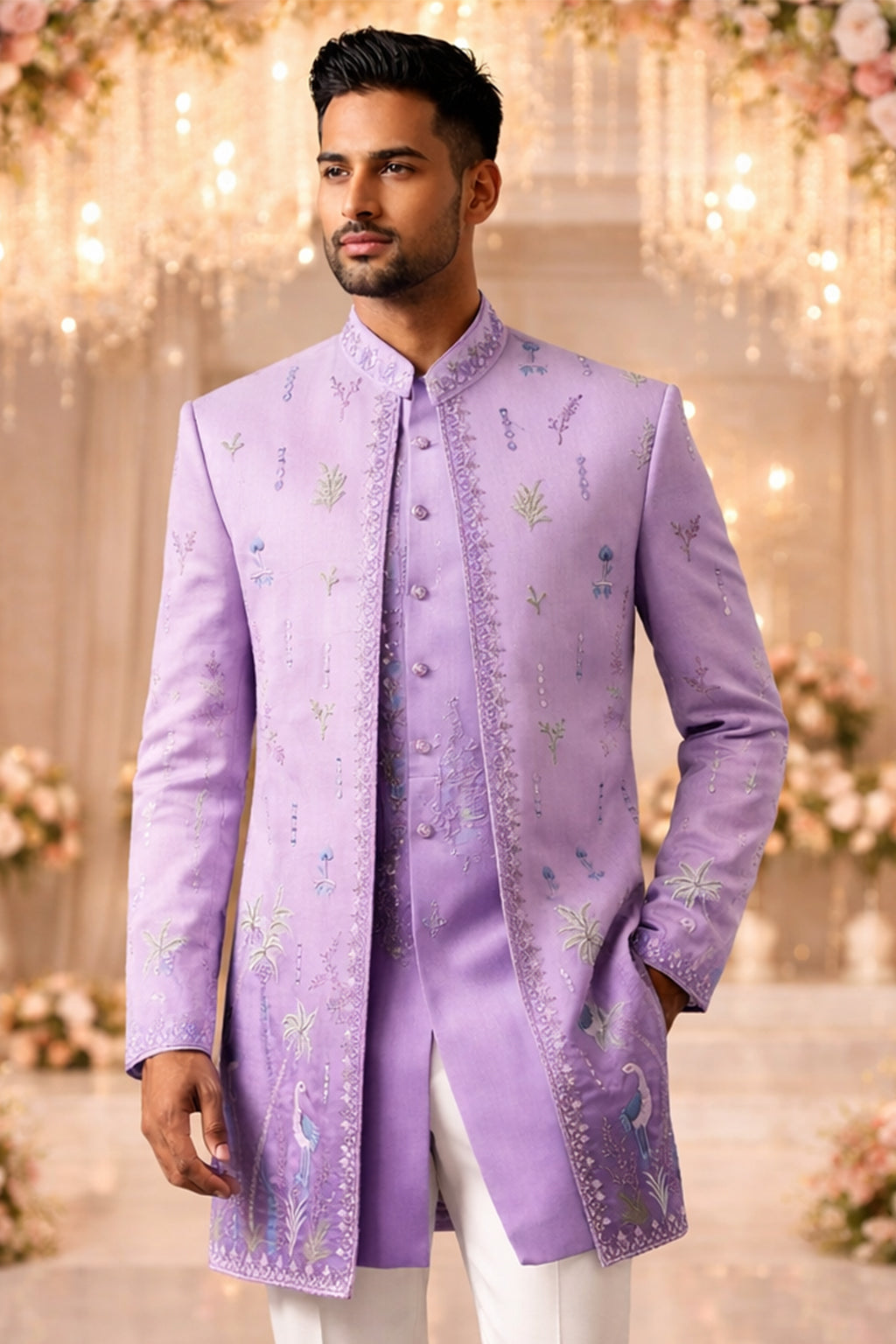 Men’s Lavender Embroidered Semi-Indo Western