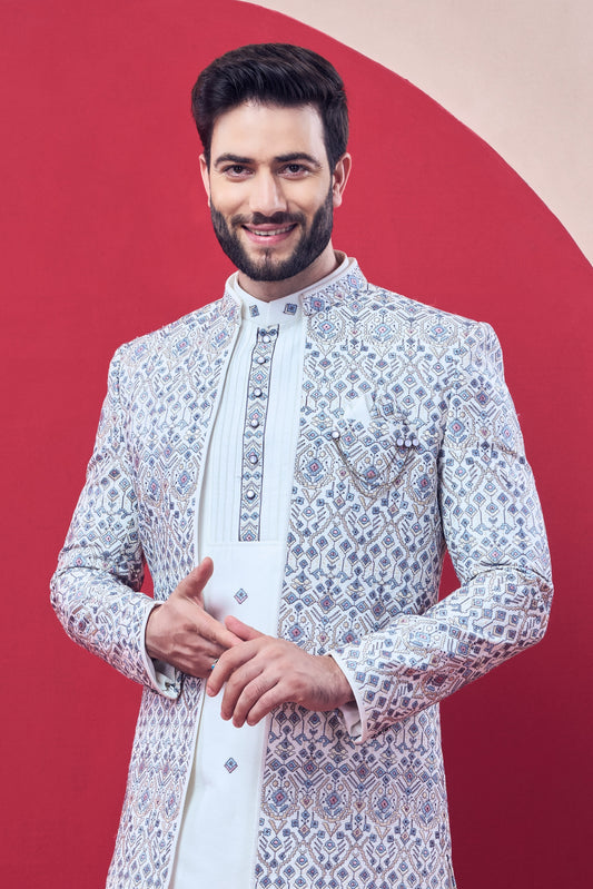 Sky Blue Embroidered Sherwani Set