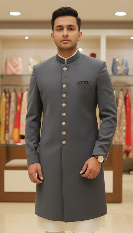 Elegant Slate Grey Indo-Western Achkan Coat